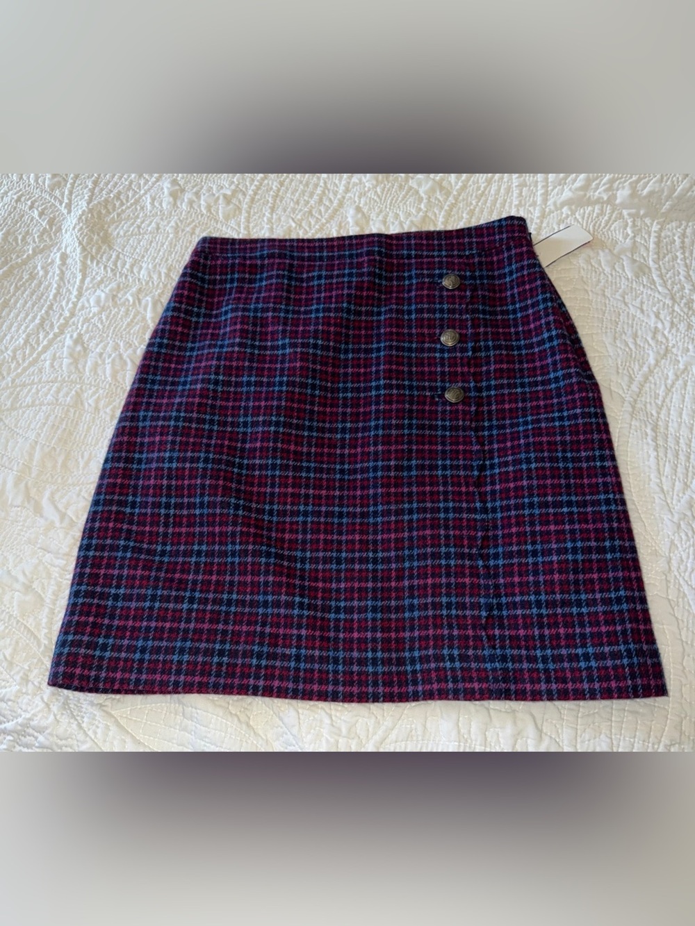 Talbots Women Size 6 Multicolor Plaid Wool Blend Scallop Faux Wrap A-Line Skirt
